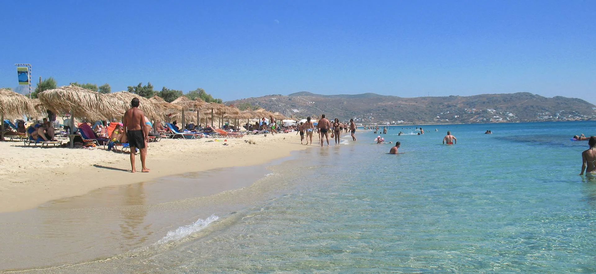 Turquoise water and sandy beach at Plaka, Naxos